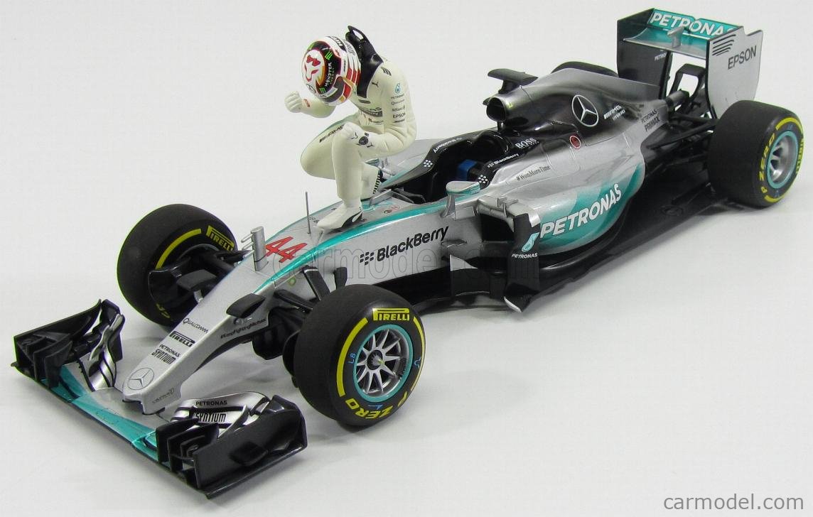 MINICHAMPS 110150544 Scale 1/18 | MERCEDES GP F1 W06 AMG PETRONAS N 44  WINNER USA GP WITH FIGURE LEWIS HAMILTON 2015 WORLD CHAMPION SILVER GREEN