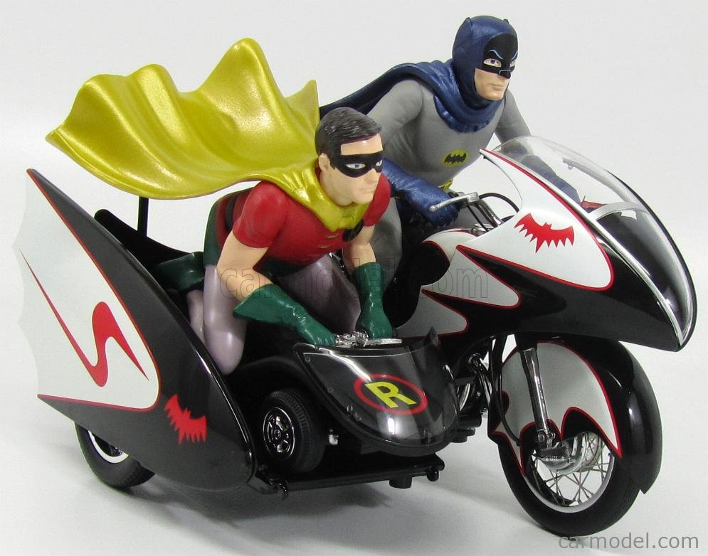 MATTEL HOT WHEELS  Scale 1/12 | BATMAN BATCYCLE & ROBIN SIDECAR WITH  ROBIN CAR + FIGURES 1966 BLACK WHITE