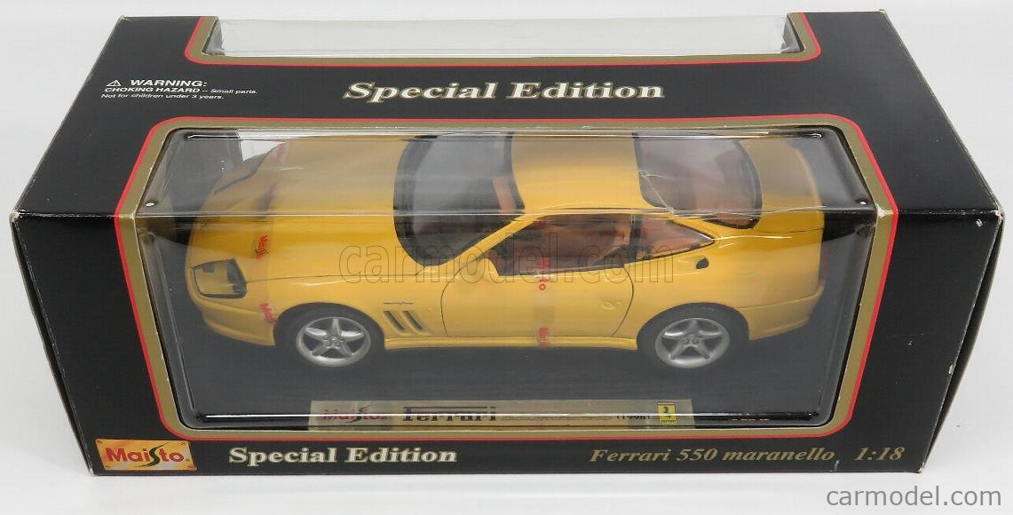 Burago- Gold Collection- 1996 Ferrari 550 Maranello, Yellow 1:18 Scale