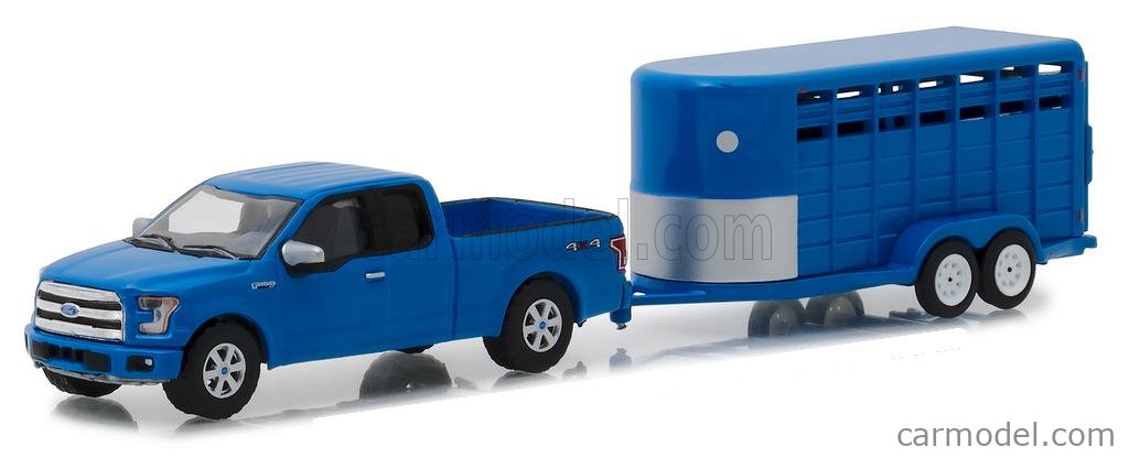 2016 Ford F-150 with Blue Livestock Trailer 1:64 Hitch & Tow Greenlight 