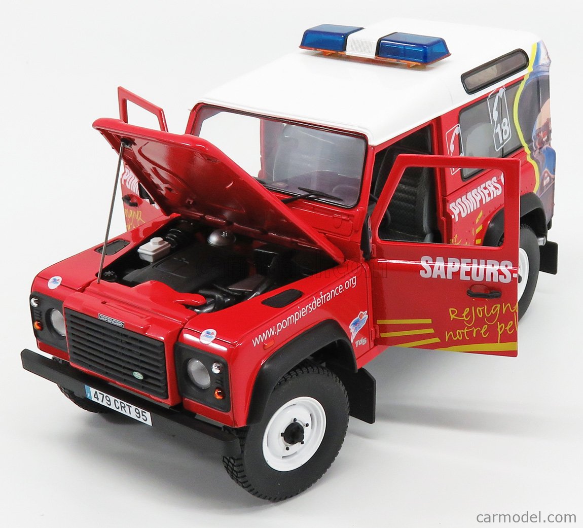 UNIVERSAL HOBBIES UH3853 Echelle 1/18  LAND ROVER LAND 90 DEFENDER SAPEURS POMPIERS FRENCH FIRE BRIGADE 1984 RED WHITE