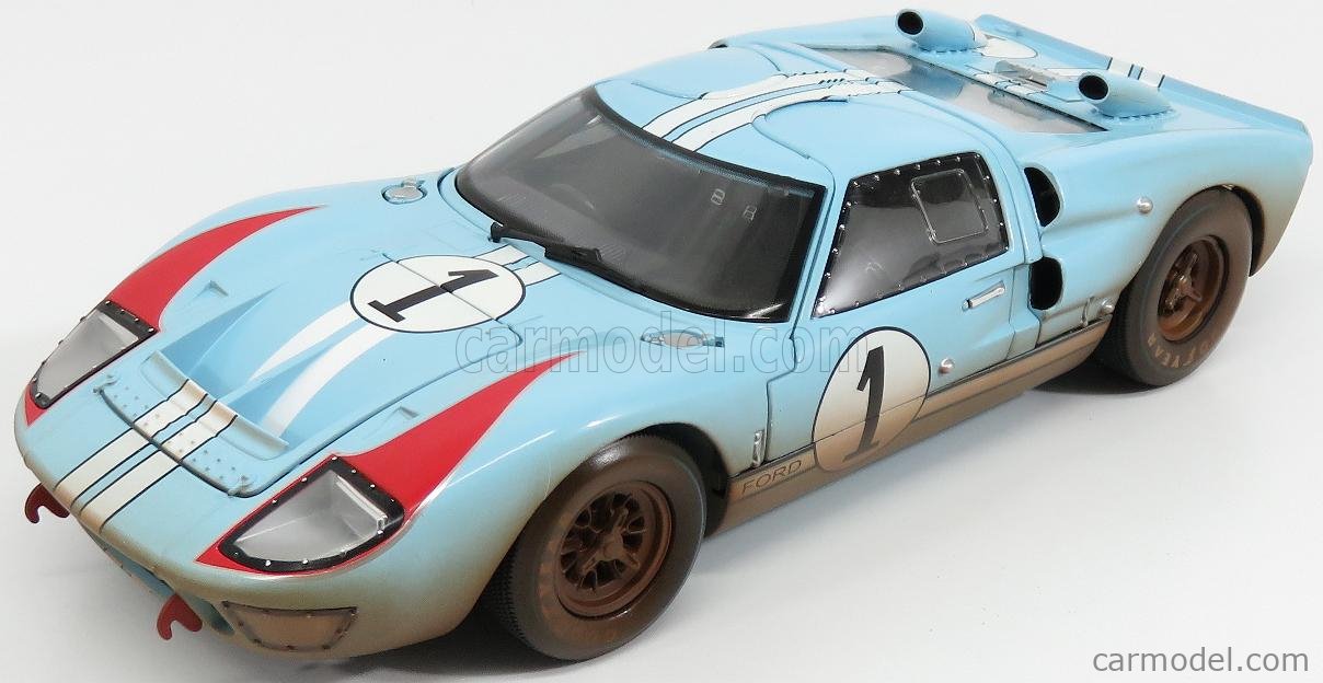 SHELBY-COLLECTIBLES SHELBY405BLUEBOX Masstab: 1/18  FORD USA GT40 MKII 7.0L V8 TEAM SHELBY AMERICAN INC. N 1 DIRTY VERSION 2nd (BUT REALLY WINNER) 24h LE MANS 1966 K.MILES - D.HULME LIGHT BLUE