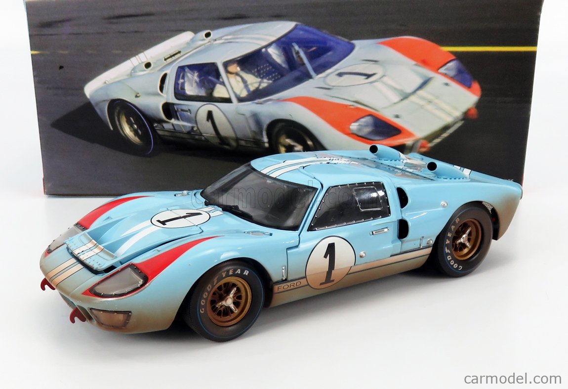 SHELBY-COLLECTIBLES SHELBY405BLUEBOX Echelle 1/18  FORD USA GT40 MKII 7.0L V8 TEAM SHELBY AMERICAN INC. N 1 DIRTY VERSION 2nd (BUT REALLY WINNER) 24h LE MANS 1966 K.MILES - D.HULME LIGHT BLUE
