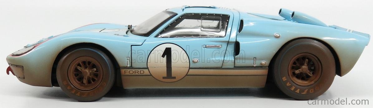 SHELBY-COLLECTIBLES SHELBY405BLUEBOX Scala 1/18  FORD USA GT40 MKII 7.0L V8 TEAM SHELBY AMERICAN INC. N 1 DIRTY VERSION 2nd (BUT REALLY WINNER) 24h LE MANS 1966 K.MILES - D.HULME LIGHT BLUE
