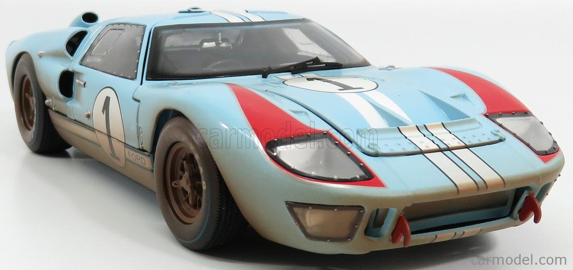 SHELBY-COLLECTIBLES SHELBY405BLUEBOX Scale 1/18  FORD USA GT40 MKII 7.0L V8 TEAM SHELBY AMERICAN INC. N 1 DIRTY VERSION 2nd (BUT REALLY WINNER) 24h LE MANS 1966 K.MILES - D.HULME LIGHT BLUE