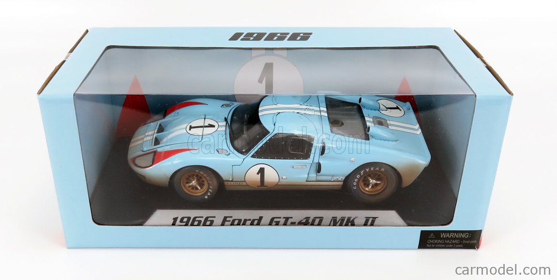 SHELBY-COLLECTIBLES SHELBY405BLUEBOX Echelle 1/18  FORD USA GT40 MKII 7.0L V8 TEAM SHELBY AMERICAN INC. N 1 DIRTY VERSION 2nd (BUT REALLY WINNER) 24h LE MANS 1966 K.MILES - D.HULME LIGHT BLUE