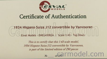 ESVAL MODEL EMEU43002A Scale 1/43  HISPANO SUIZA J12 CABRIOLET DI VANVOOREN - OPEN - 1934 ORANGE BEIGE