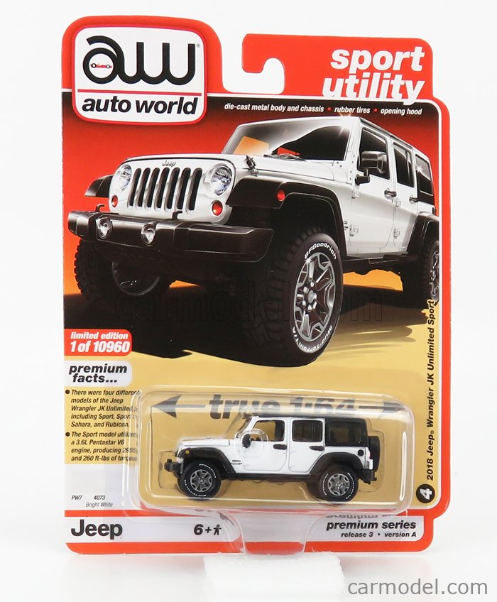 AUTOWORLD AW64262-AWSP042A Scale 1/64 | JEEP WRANGLER JK UNLIMITED SPORT  HARD-TOP 2018 WHITE BLACK