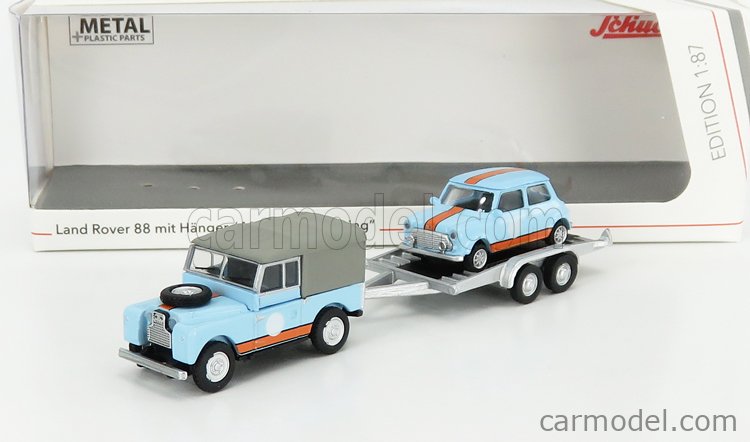 Schuco Land Rover Defender with Mini Cooper and Trailer British Racing 1//87