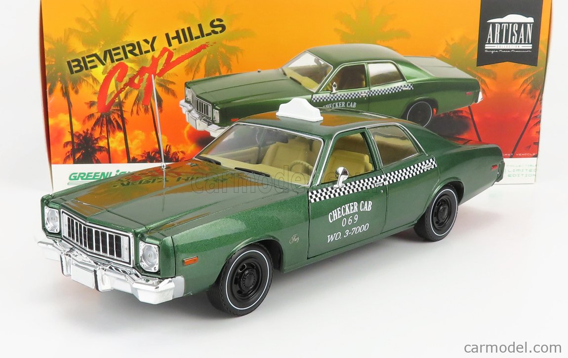 GREENLIGHT 19110 Masstab: 1/18  PLYMOUTH FURY CHECKER CAB TAXI 1976 - BEVERLY HILLS COP GREEN MET