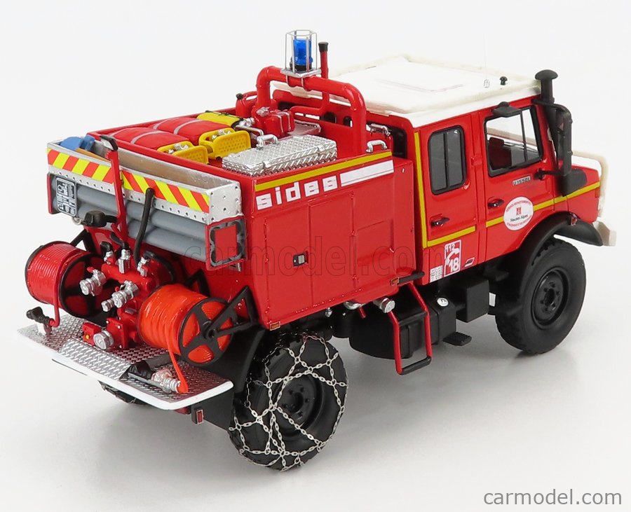 Alerte Alerte0102 Scale 1 43 Mercedes Benz Unimog U1550l Tanker Truck Double Cabine Sides Ccf Sdis O5 Sapeurs Pompiers Service Departemental Hautes Alpes 1985 Catene Da Neve With Snow Chains Red White Yellow