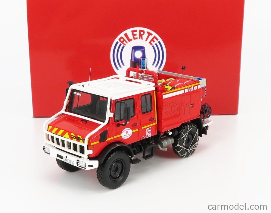 Alerte Alerte0102 Scale 1 43 Mercedes Benz Unimog U1550l Tanker Truck Double Cabine Sides Ccf Sdis O5 Sapeurs Pompiers Service Departemental Hautes Alpes 1985 Catene Da Neve With Snow Chains Red White Yellow