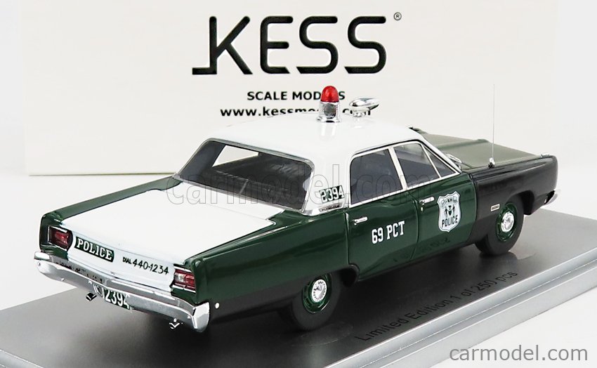 KESS-MODEL KE43053001 Scale 1/43  PLYMOUTH FURY 4-DOOR SEDAN NEW YORK POLICE 1968 GREEN WHITE BLACK