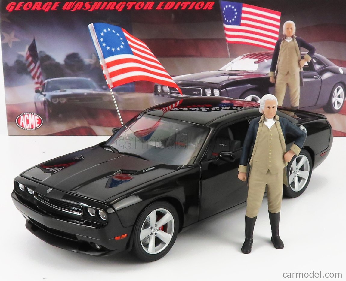 2010 Dodge Challenger SRT8 with George Washington Figurine and US Flag,  Matte Black - Acme A1806016 - 1/18 scale Diecast Model Toy Car 