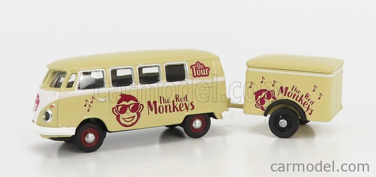 SCHUCO 452669100 Scale 1/87 VOLKSWAGEN T1 MINIBUS WITH TRAILER 1962 THE  RED MONKEYS WITH 5X FIGURES CREAM RED