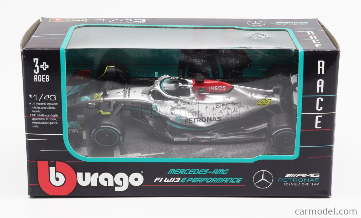 BBURAGO – MER W13E Performance – Voiture F1 2022 – Échelle 1/43 – Pilote Russell – Gris/Noir/Vert