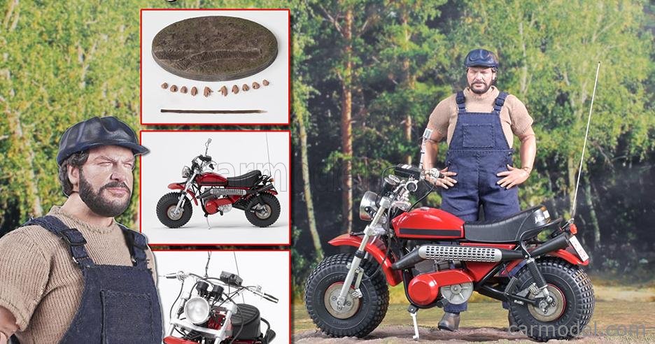 CLC-MODELS 84319+90005 Echelle 1/12  MOTOZODIACO TUAREG 1972 WITH BUD SPENCER ACTION FIGURE - FROM MOVIE - ALTRIMENTI CI ARRABBIAMO - TV SERIES -  - MOTORCYCLE RED