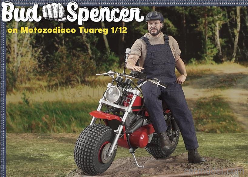 CLC-MODELS 84319+90005 Masstab: 1/12  MOTOZODIACO TUAREG 1972 WITH BUD SPENCER ACTION FIGURE - FROM MOVIE - ALTRIMENTI CI ARRABBIAMO - TV SERIES -  - MOTORCYCLE RED