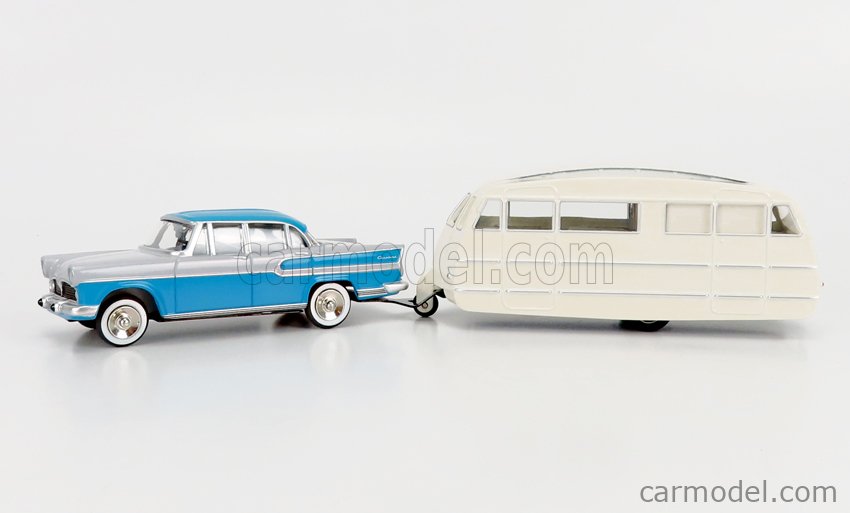Simca Vedette Chambord 1958 et caravane Hénon Bleu Léman et Gris 1/43