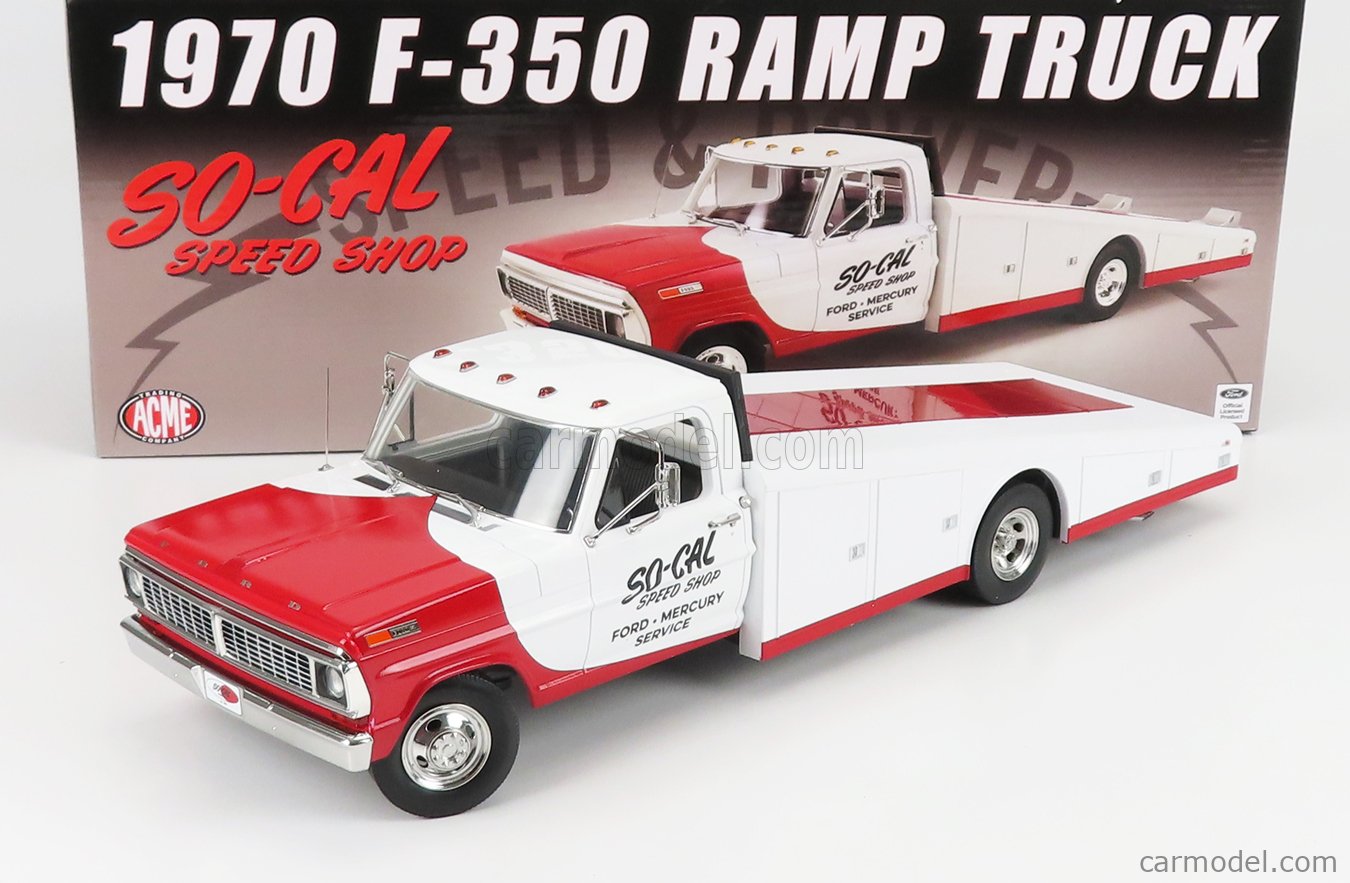 ACME-MODELS A1801410 Scale 1/18  FORD USA F-350 TRUCK RAMP CAR TRANSPORTER SO-CAL 1970 WHITE RED