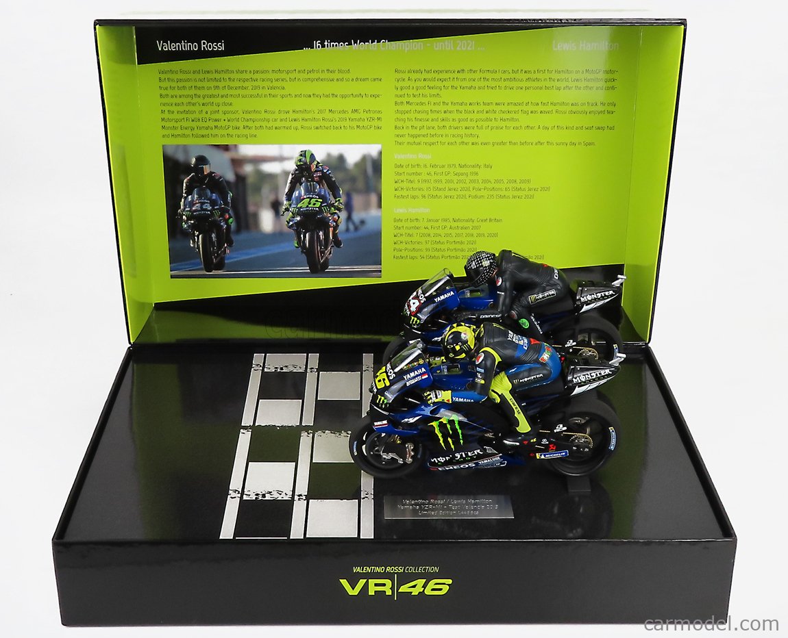 MINICHAMPS 122194446 Масштаб 1/12 | YAMAHA SET 2X YZR-M1 TEAM MOVISTAR  MONSTER ENERGY N 46 + N 44 MOTOGP TEST VALENCIA 2019 WITH FIGURES VALENTINO  ROSSI AND LEWIS HAMILTON BLUE BLACK