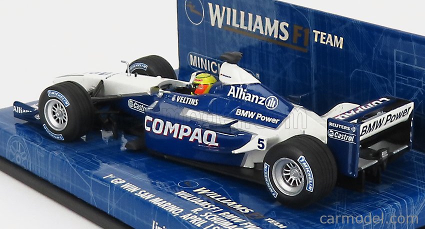 MINICHAMPS 400010025 Scale 1/43  WILLIAMS F1  BMW FW23 N 5 1st WINNER GP SAN MARINO 2001 R.SCHUMACHER WHITE BLUE
