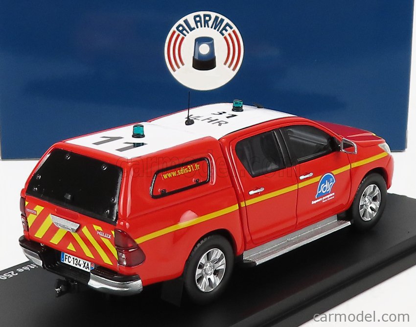 ALARME ALARME0071 Scala 1/43  TOYOTA HI-LUX PICK-UP DOUBLE CABINE CLOSED VLHR SDIS 31 SAPEURS POMPIERS 2011 RED WHITE YELLOW