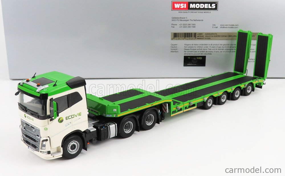 WSI-COLLECTIBLES 02-2809 Масштаб 1/50  VOLVO FH4 750 6X4 TRUCK ECOVIE LOW LOADER TRAILER TRANSPORT 2016 WHITE GREEN