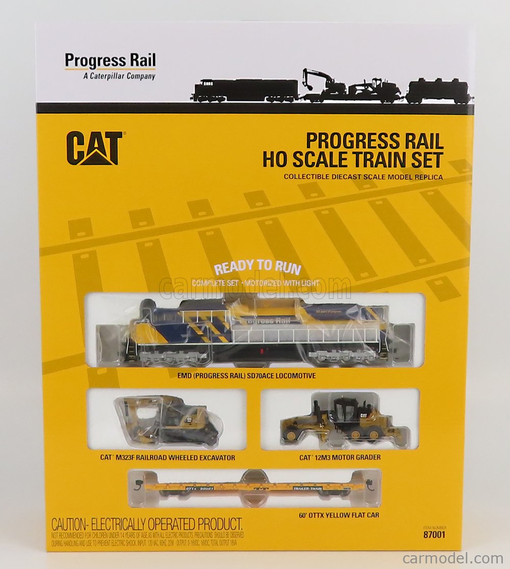 DM-MODELS 87001 Масштаб 1/87 | CATERPILLAR HO - PROGRESS RAIL TRAIN SET -  SD70ACE LOCOMOTIVE WITH TRAILER TRAIN + CAT12M3 RUSPA LIVELLATRICE GOMMATA  - SCRAPER TRACTOR MOTOR GRADER - CATM323F ESCAVATORE GOMMATO