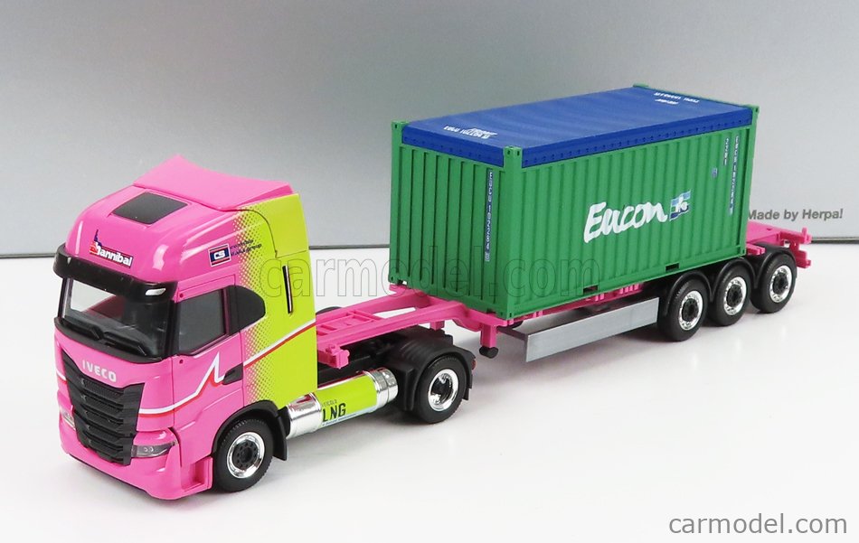 HERPA PIHR947763-A Масштаб 1/87  IVECO FIAT S-WAY TRUCK LNG HANNIBAL TRANSPORTS EUCON CONTAINER 2020 PINK YELLOW GREEN