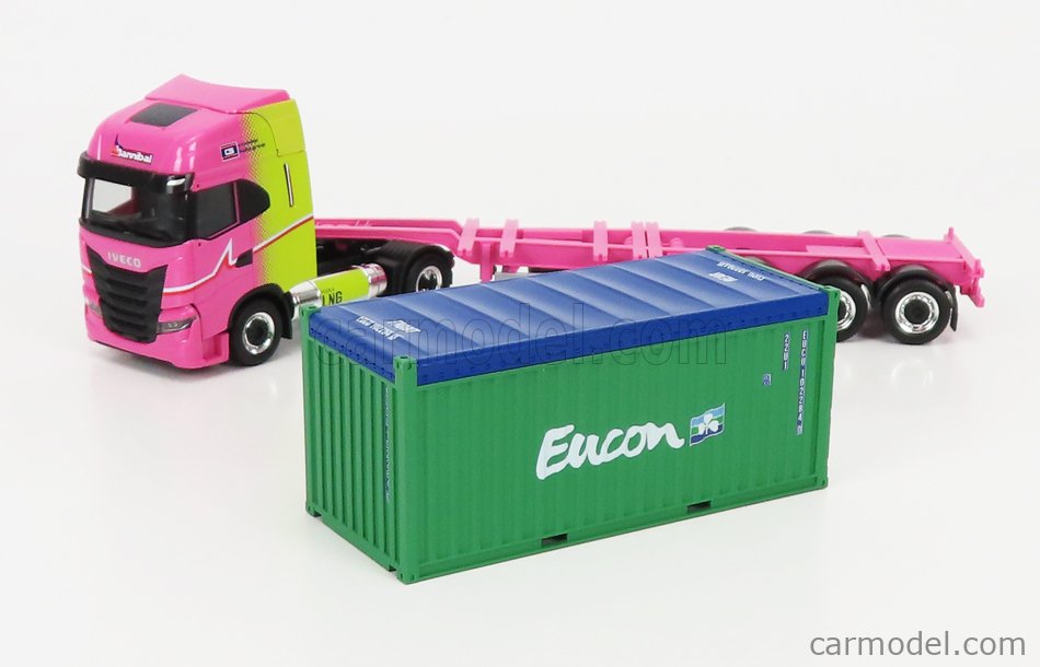 HERPA PIHR947763-A Масштаб 1/87  IVECO FIAT S-WAY TRUCK LNG HANNIBAL TRANSPORTS EUCON CONTAINER 2020 PINK YELLOW GREEN