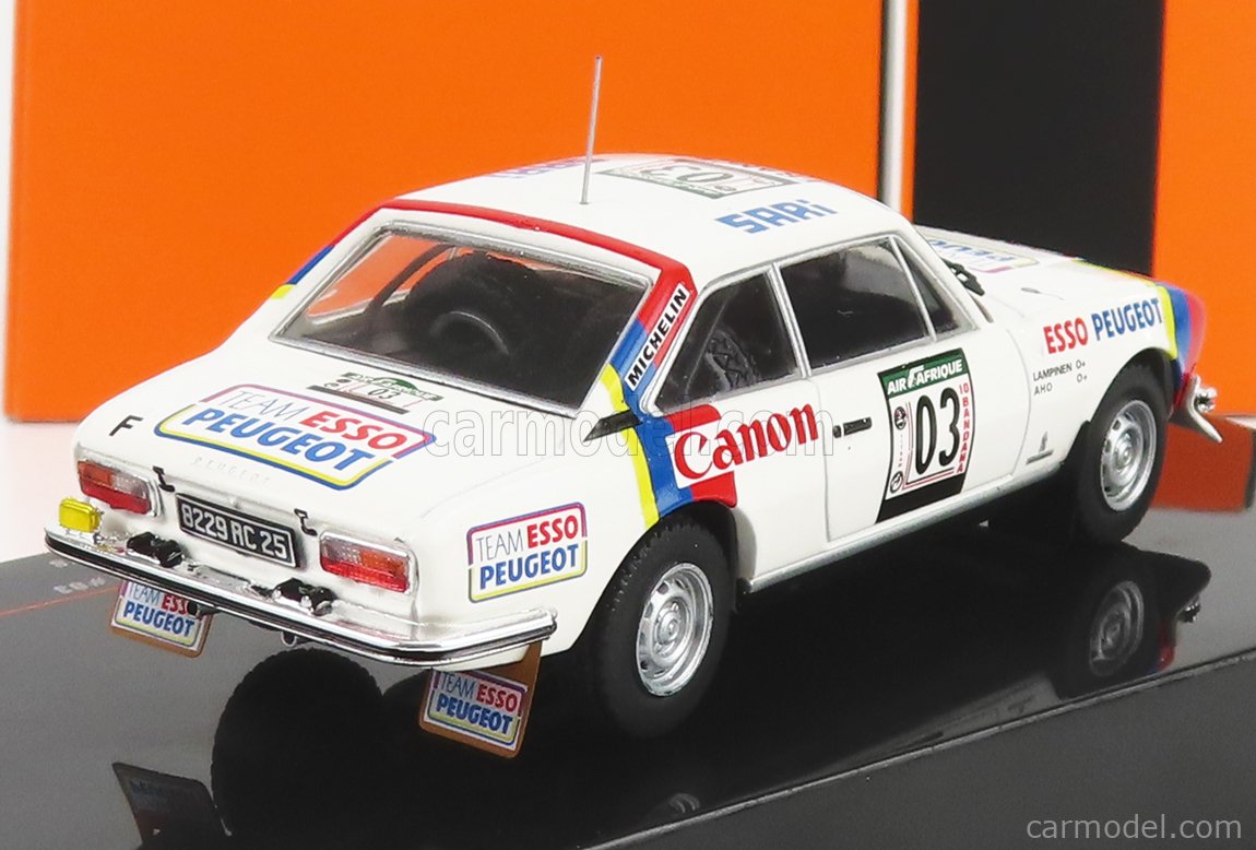 IXO-MODELS RAC417C.22 Scale 1/43  PEUGEOT 504 COUPE V6 (night version) N 03 4th RALLY COTE D'IVOIRE 1978 S.LAMPINEN - A.AHO WHITE RED BLUE