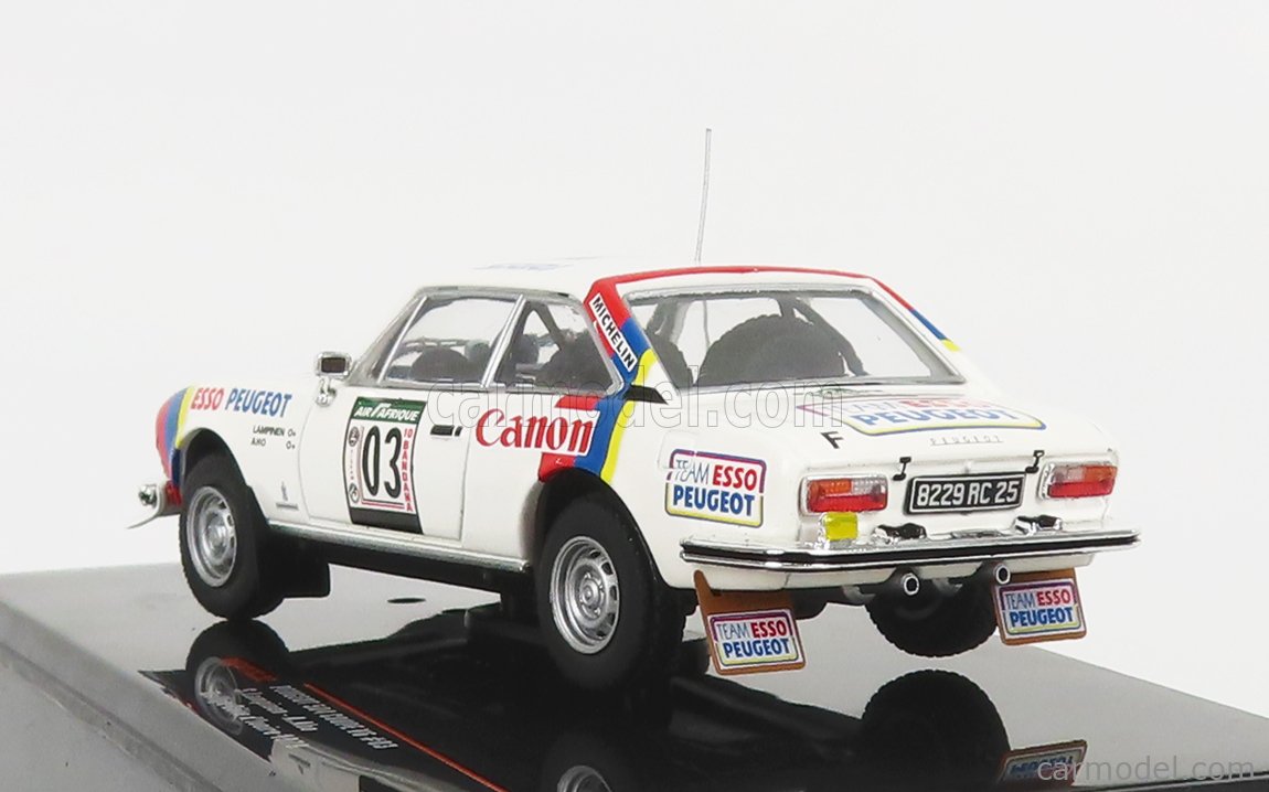 IXO-MODELS RAC417C.22 Scale 1/43  PEUGEOT 504 COUPE V6 (night version) N 03 4th RALLY COTE D'IVOIRE 1978 S.LAMPINEN - A.AHO WHITE RED BLUE
