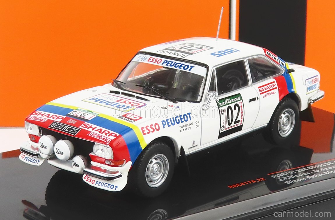 IXO-MODELS RAC417A.22 Scale 1/43  PEUGEOT 504 COUPE V6 (night version) N 02 WINNER RALLY COTE D'IVOIRE 1978 J.P.NICOLAS - M.GAMET WHITE RED BLUE