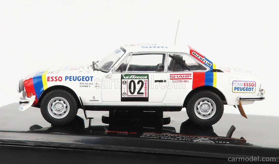 IXO-MODELS RAC417A.22 Scale 1/43  PEUGEOT 504 COUPE V6 (night version) N 02 WINNER RALLY COTE D'IVOIRE 1978 J.P.NICOLAS - M.GAMET WHITE RED BLUE