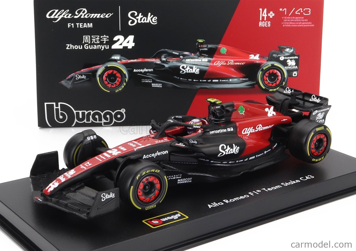 BURAGO BU38086-ZH Scale 1/43  ALFA ROMEO F1 C43 TEAM STAKE N 24 SEASON 2023  GUANYU ZHOU - CON PILOTA E VETRINA - WITH PILOT AND SHOWCASE - EXCLUSIVE  CARMODEL BLACK RED