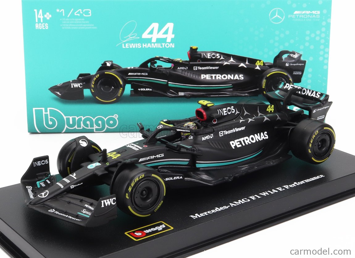 BURAGO BU38081-HAM Масштаб 1/43 | MERCEDES GP F1 W14 TEAM MERCEDES-AMG  PETRONAS FORMULA ONE N 44 SEASON 2023 LEWIS HAMILTON - CON PILOTA E VETRINA  - WITH PILOT AND SHOWCASE MATT BLACK