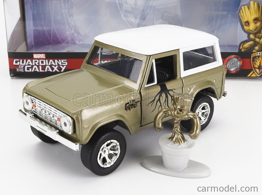 JADA 253223018-34415 Masstab: 1/32  FORD USA BRONCO WITH GROOT FIGURE MARVEL GUARDIANS OF THE GALAXY 1973 GREEN WHITE