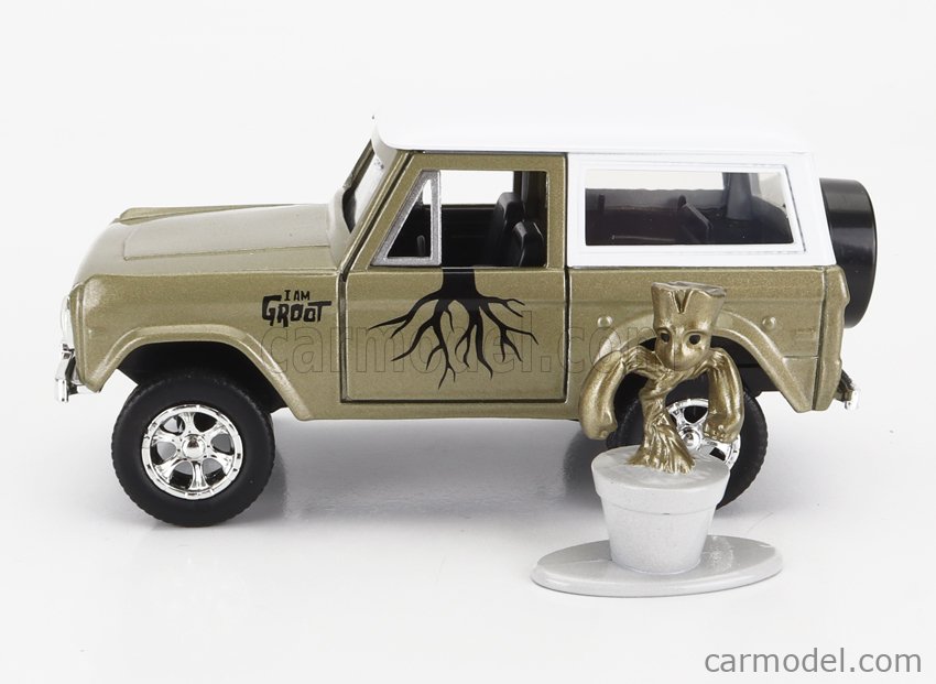 JADA 253223018-34415 Echelle 1/32  FORD USA BRONCO WITH GROOT FIGURE MARVEL GUARDIANS OF THE GALAXY 1973 GREEN WHITE