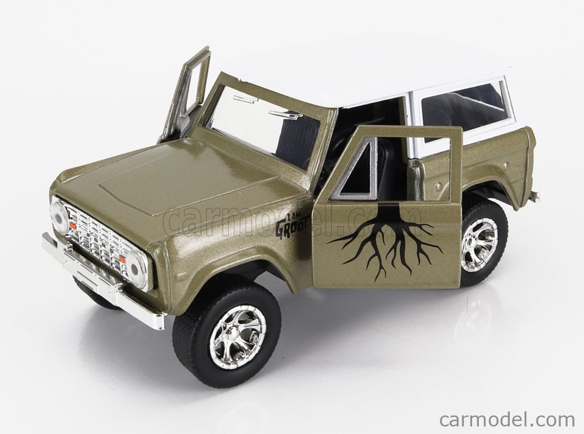 JADA 253223018-34415 Echelle 1/32  FORD USA BRONCO WITH GROOT FIGURE MARVEL GUARDIANS OF THE GALAXY 1973 GREEN WHITE