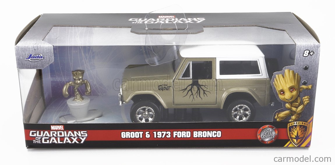 JADA 253223018-34415 Масштаб 1/32  FORD USA BRONCO WITH GROOT FIGURE MARVEL GUARDIANS OF THE GALAXY 1973 GREEN WHITE
