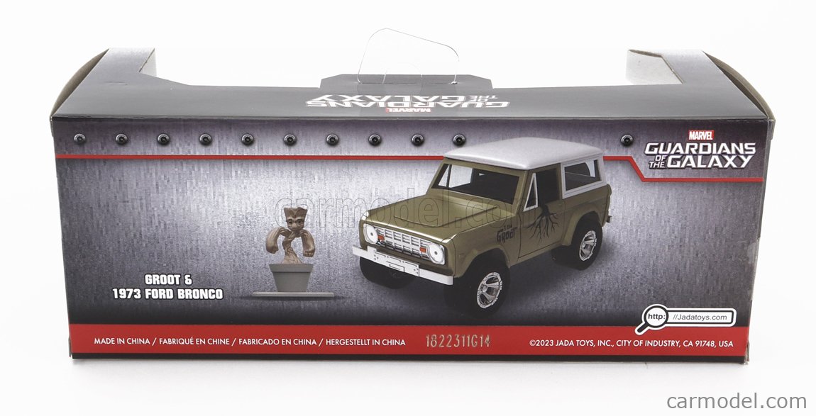 JADA 253223018-34415 Масштаб 1/32  FORD USA BRONCO WITH GROOT FIGURE MARVEL GUARDIANS OF THE GALAXY 1973 GREEN WHITE