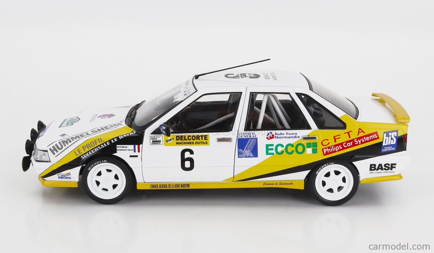 SOLIDO 1807704 Scale 1/18  RENAULT R21 TURBO MKII TURBO Gr.A (night  version) N 6 RALLY CHARLEMAGNE 1991 M.RATS - G.BOURDAUD WHITE YELLOW BLUE
