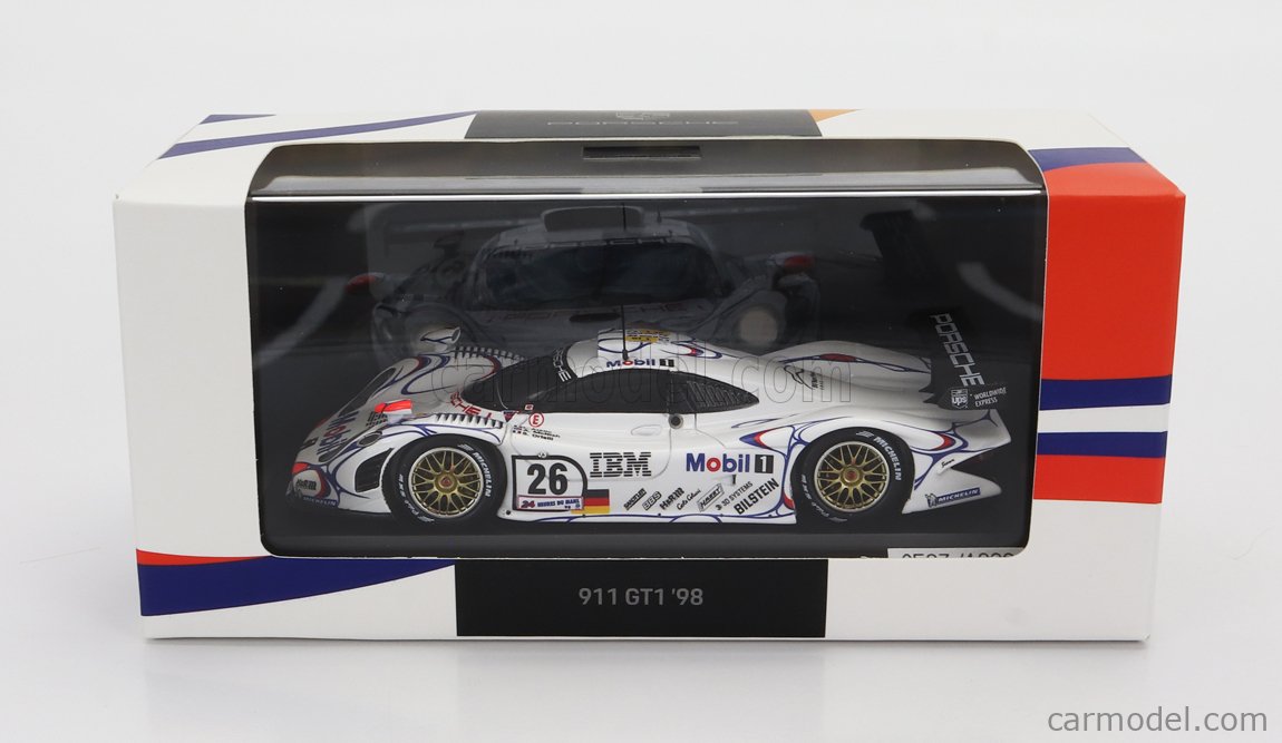 SPARK-MODEL WAP0200130PLM1 Scale 1/43 | PORSCHE 911 GT1-98 3.2L TURBO TEAM  PORSCHE AG MOBIL-1 N 26 WINNER 24h LE MANS 1998 ALLAN McNISH - LAURENT  AIELLO - STEPHANE ORTELLI WHITE BLUE RED