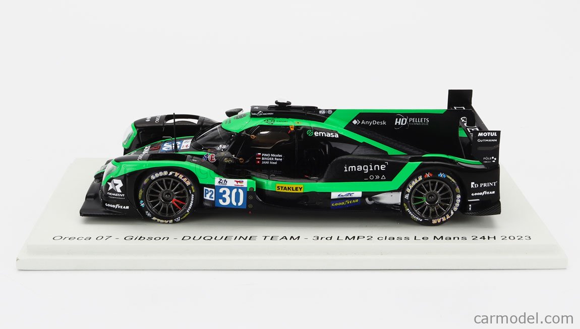 SPARK-MODEL S8741 Scale 1/43 | ORECA 07 GIBSON GK428 4.2L V8 TEAM DUQUEINE  N 30 3rd LMP2 CLASS 24h LE MANS 2023 R.BINDER - N.JANI - N.PINO GREEN WHITE  BLACK