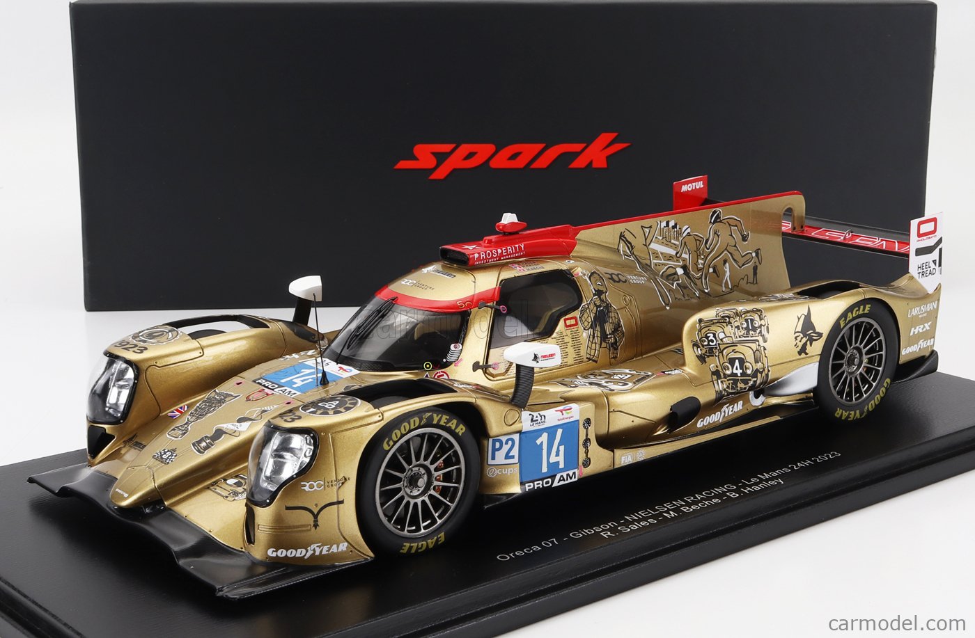 SPARK-MODEL 18S923 Scale 1/18 | ORECA 07 GIBSON GK428 4.2L V8 TEAM NIELSEN  RACING N 14 24h LE MANS 2023 M.BECHE - B.HANLEY - R.SALES GOLD