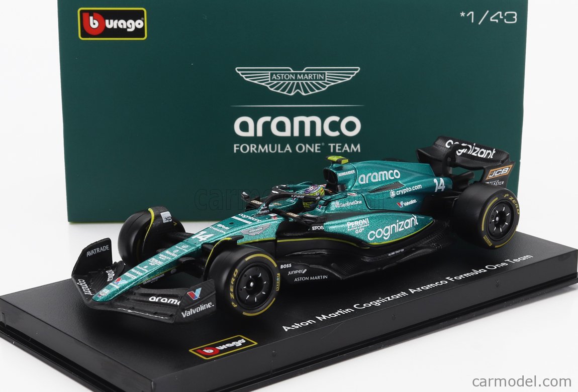 BURAGO 18-38091-A Escala 1/43 | ASTON MARTIN F1 AMR23 TEAM ARAMCO Cognizant N 14 Season 2023 Fernando Alonso With Pilot And Showcase