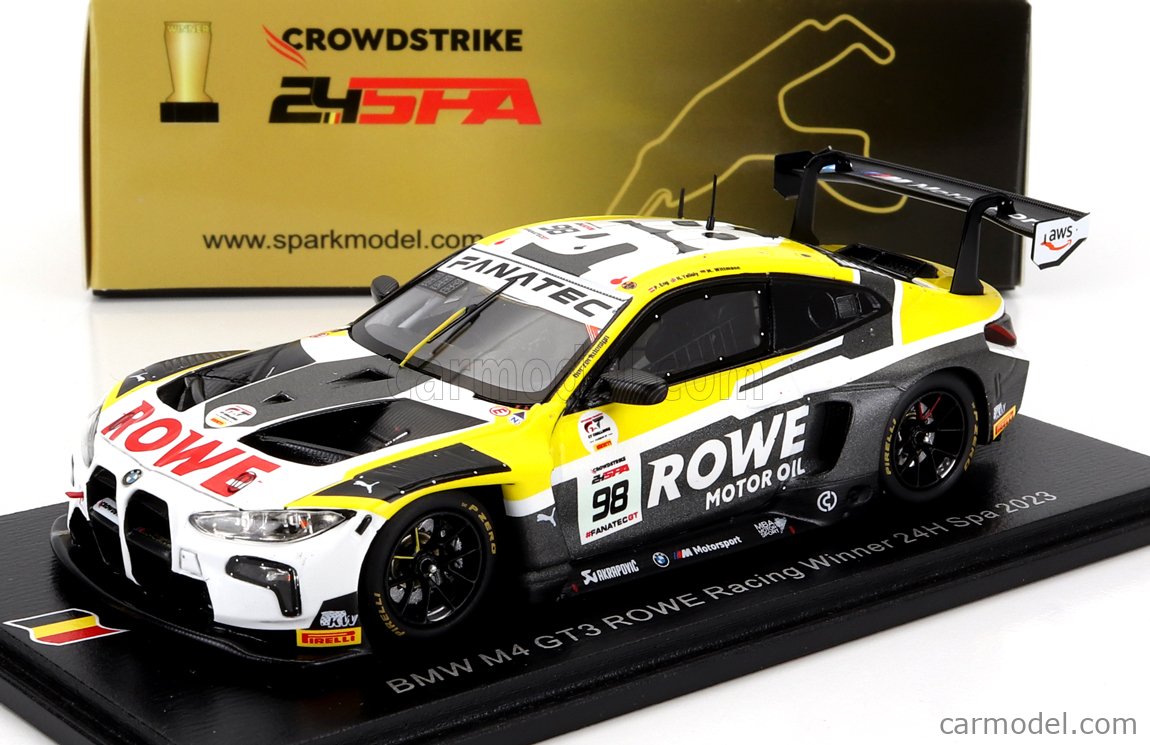 SPARK-MODEL 43SPA2023 Scale 1/43 | BMW 4-SERIES M4 GT3 TEAM ROWE RACING N  98 WINNER 24h SPA 2023 PHILIPP ENG - MARCO WITTMANN - NICK YELLOLY WHITE  GREY YELLOW