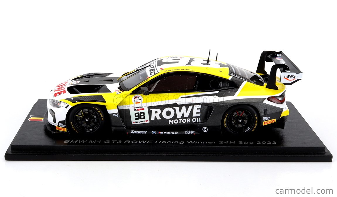 SPARK-MODEL 43SPA2023 Scale 1/43 | BMW 4-SERIES M4 GT3 TEAM ROWE RACING N  98 WINNER 24h SPA 2023 PHILIPP ENG - MARCO WITTMANN - NICK YELLOLY WHITE  GREY YELLOW