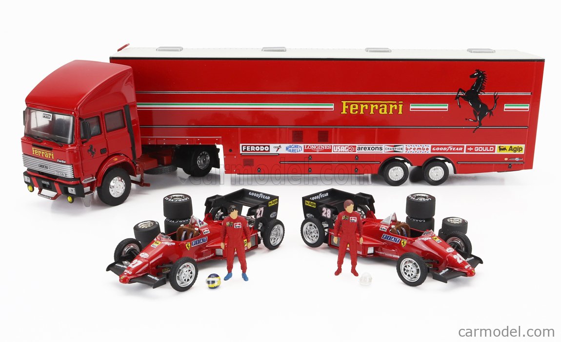 BRUMM RTS08 Scale 1/43  IVECO FIAT FIAT IVECO 190 TRUCK CAR TRANSPORTER MONACO GP 1984 WITH 2X F1 FERRARI 126CK TURBO N 27 MICHELE ALBORETO - N 28 RENE ARNOUX + FIGURES AND ACCESSORIES RED